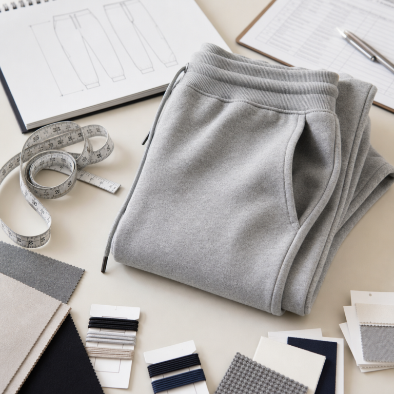 Pocket bag twisting inspection on casual pants sample with ruler seam notes and QC checklist before low MOQ production