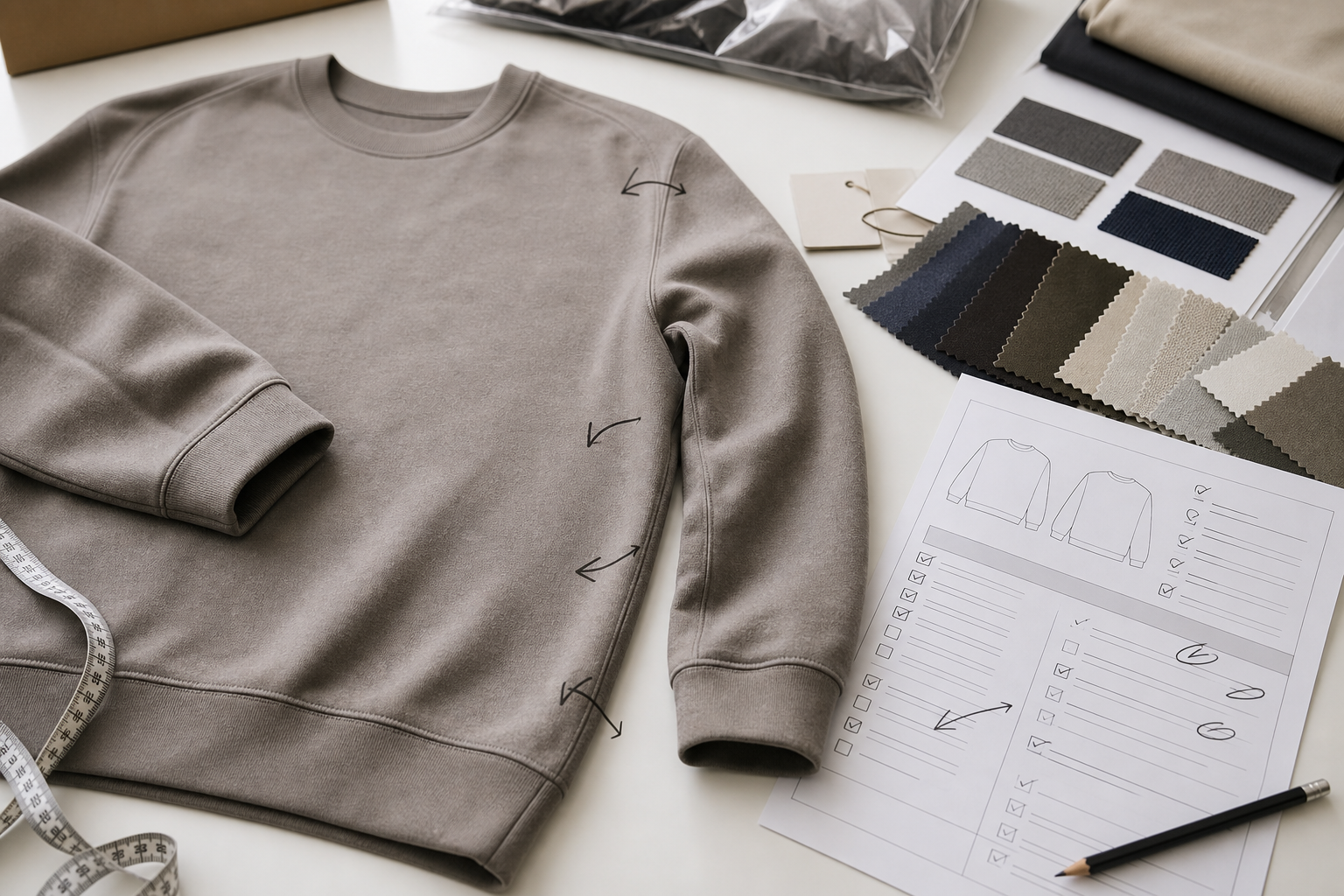 Pre-shipment apparel inspection table with garment sample measurement notes ruler and QC checklist before low MOQ release
