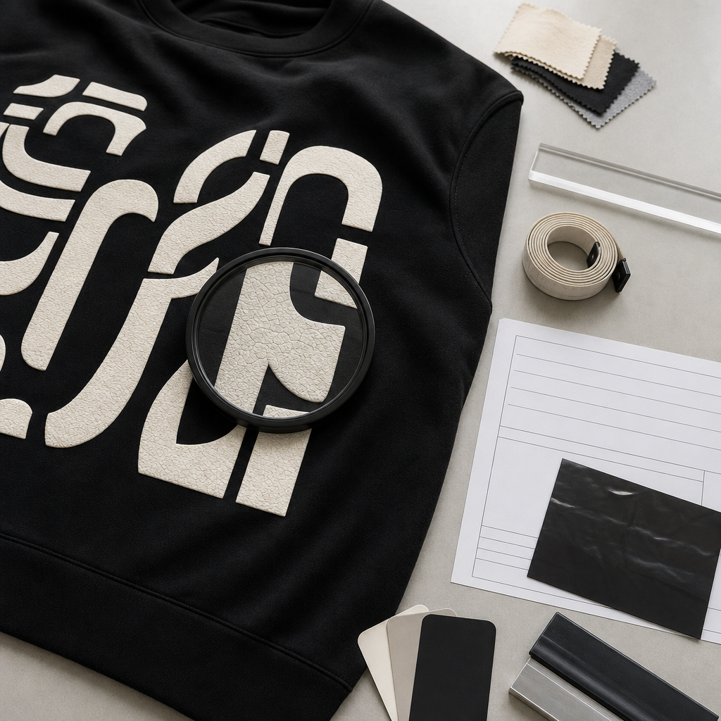 Black printed sweatshirt inspected under a magnifier for graphic cracking with fabric swatches measuring tape and quality checklist