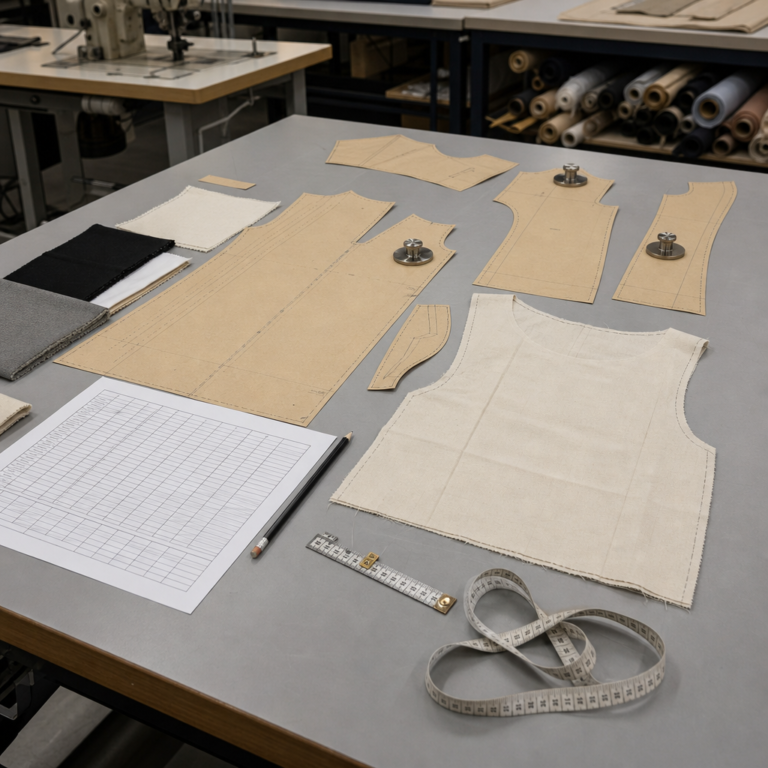 Stripe matching and panel alignment inspection on cut and sew apparel sample with ruler pattern notes and QC checklist