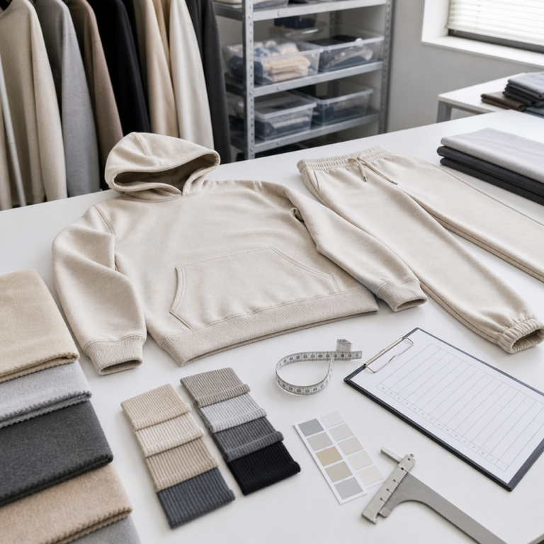 Hoodie and sweatpants matching set reviewed for balanced length rise volume and cuff proportions before low MOQ production