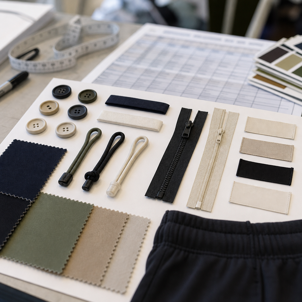 Snap fastener reinforcement inspection on overshirt trim sample with backing pieces ruler and QC checklist before low MOQ bulk