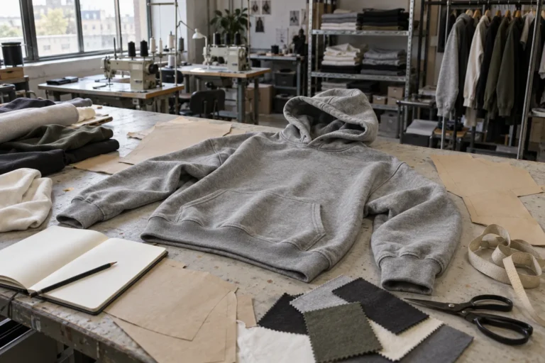 Streetwear sampling table with grey hoodie sample, pattern pieces, and notebook in a factory sample room