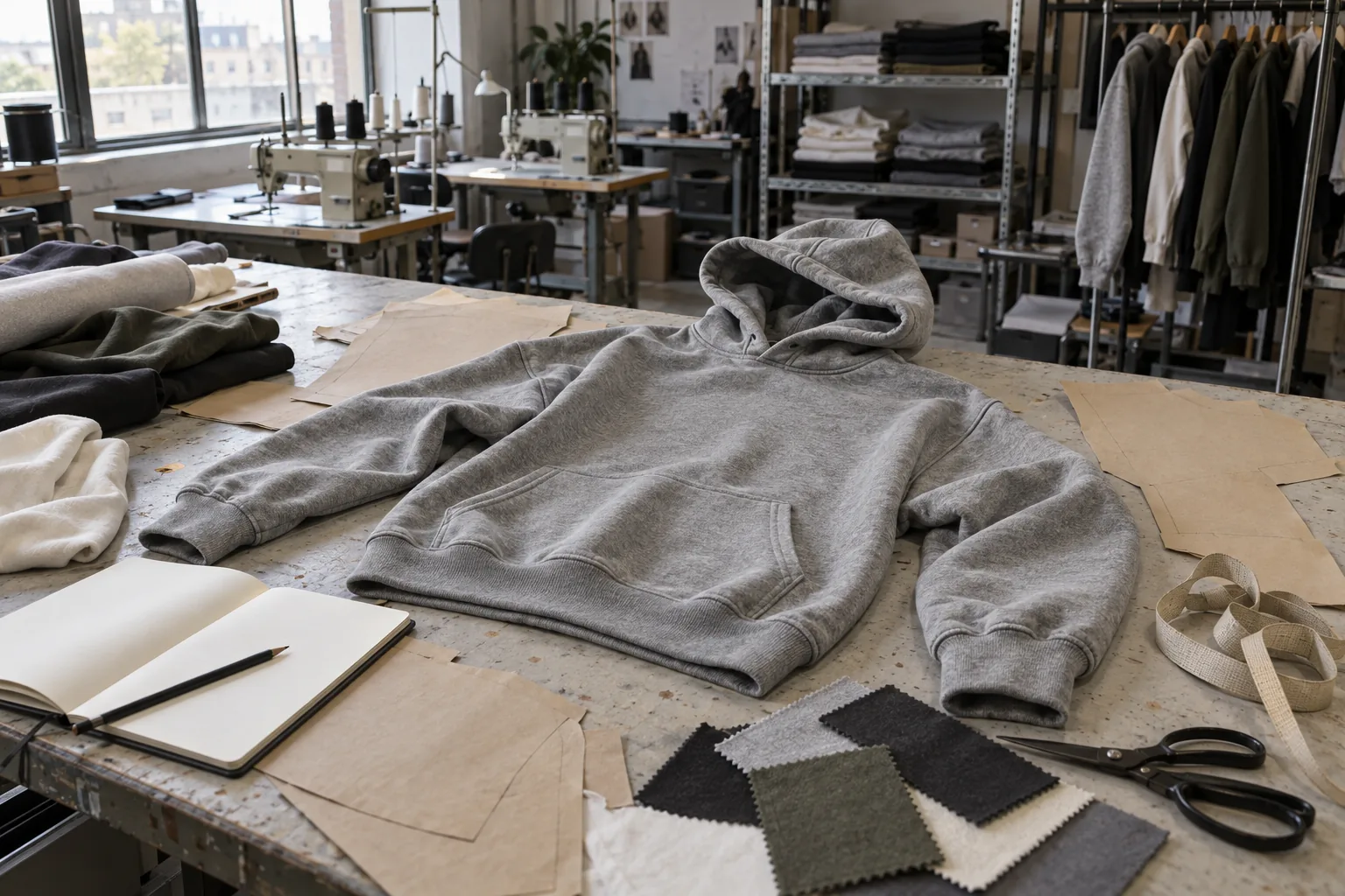 Streetwear sampling table with grey hoodie sample, pattern pieces, and notebook in a factory sample room