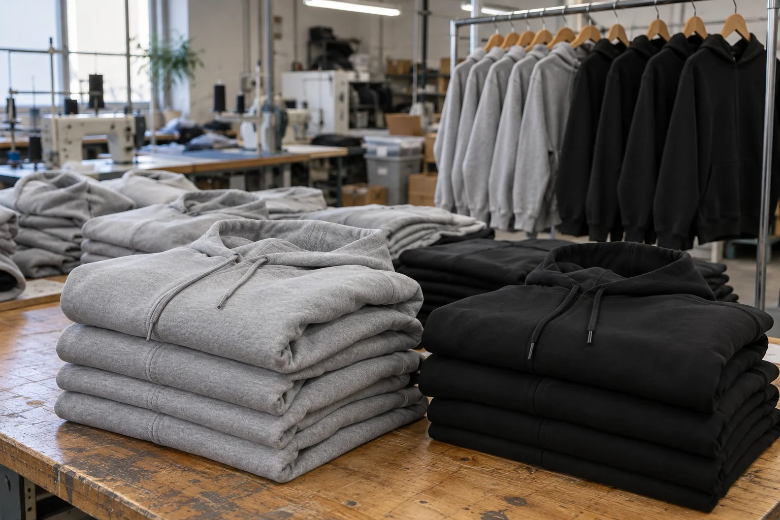 Illustrative documentary photo of stacked grey and black blank hoodies on a production cutting table