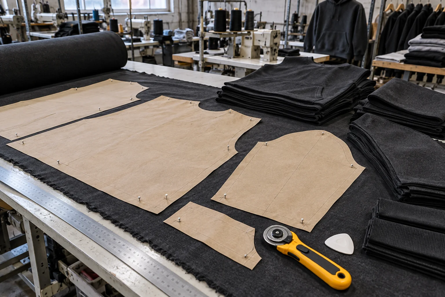 Illustrative documentary photo of paper pattern pieces and cut fleece panels on a cutting table for cut-and-sew development