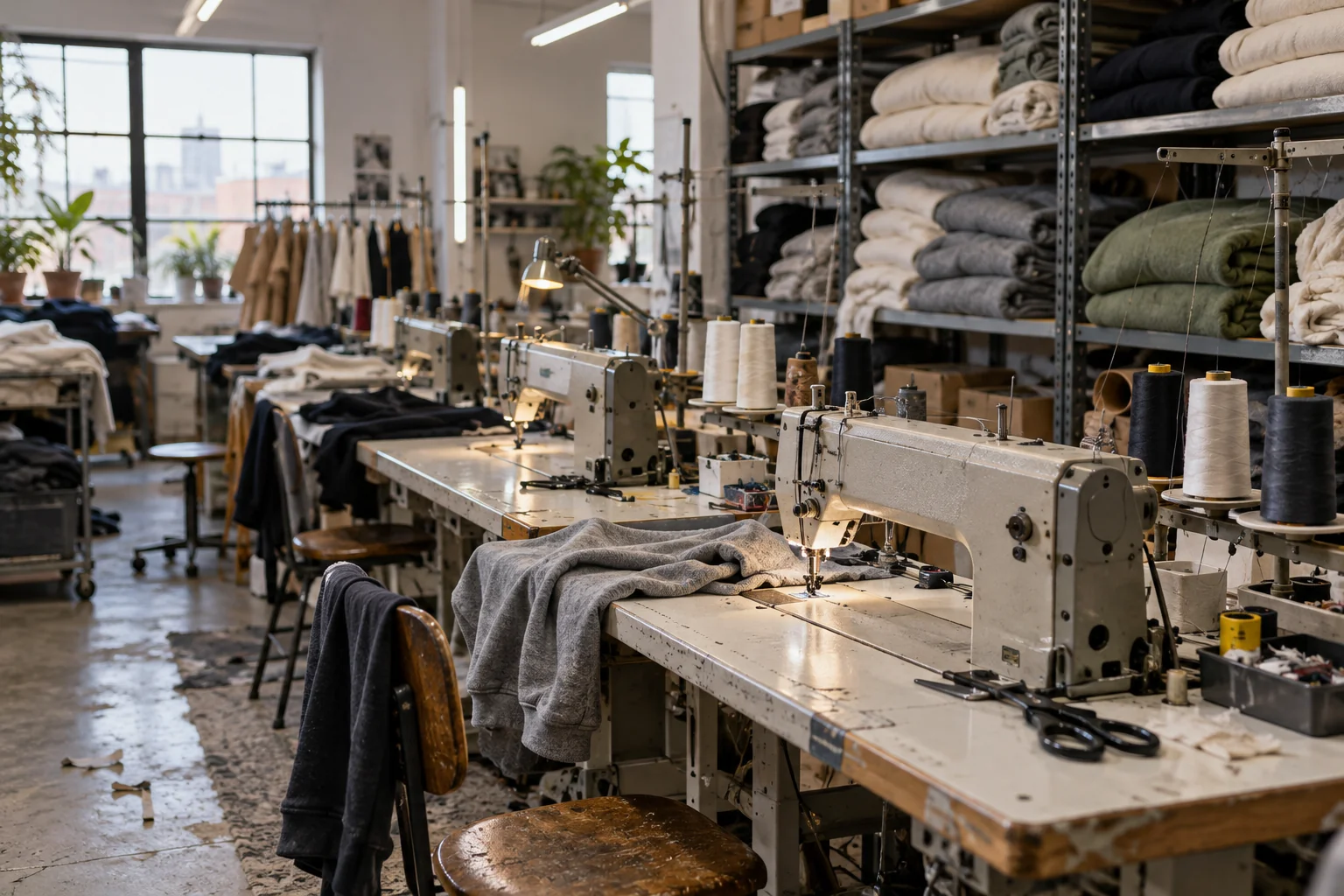 Documentary-style illustration of an apparel workshop with sewing machines and fabric rolls for cut-and-sew streetwear context