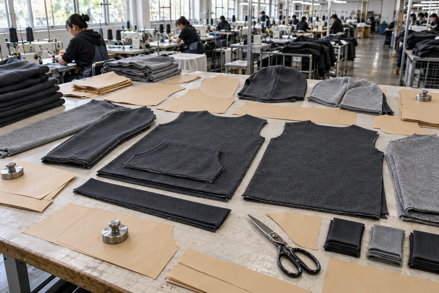 Paper pattern pieces and cut fleece panels for a hoodie on a factory cutting table