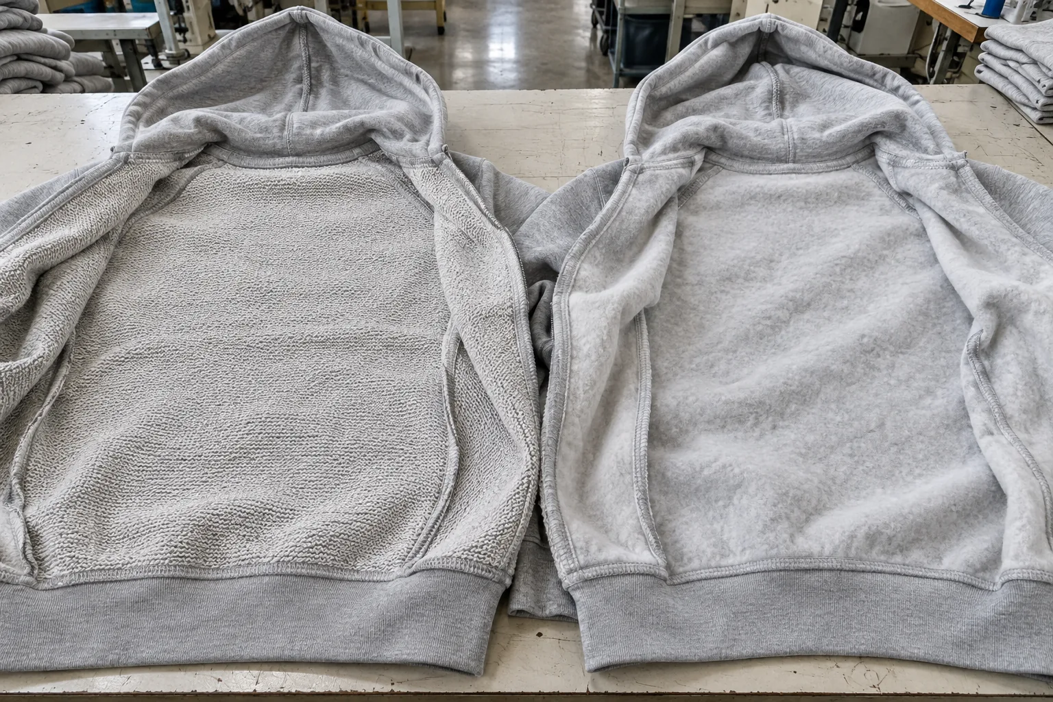 Inside view of French terry loops beside brushed fleece on open hoodie bodies