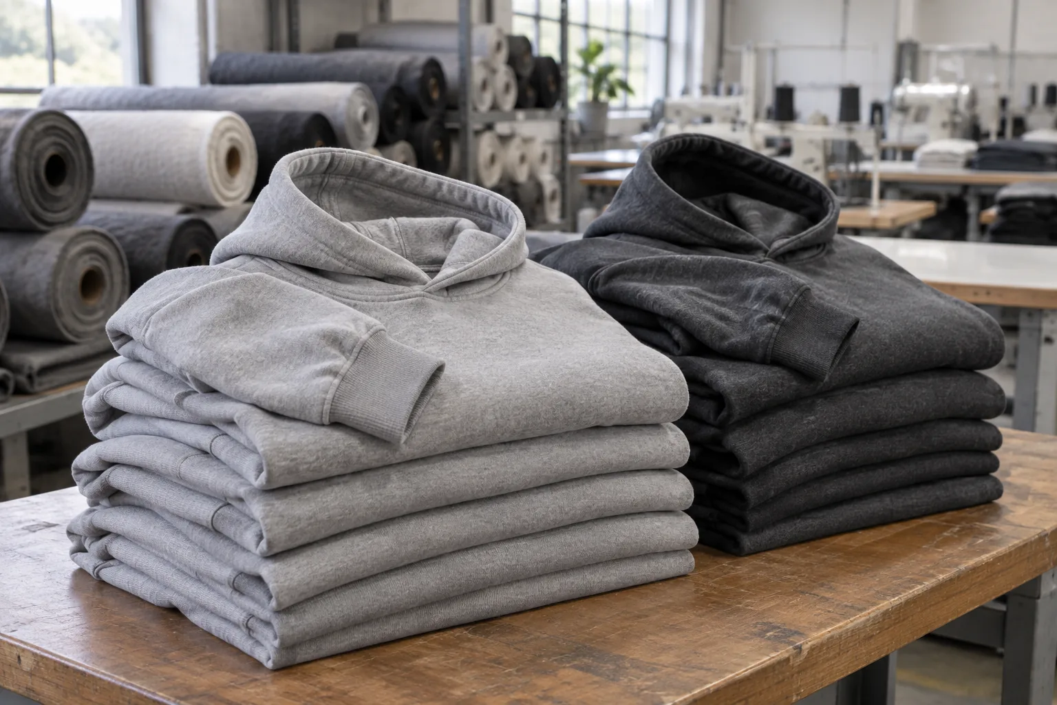 Stacks of grey and charcoal blank hoodies on a factory cutting table with fleece rolls in the background