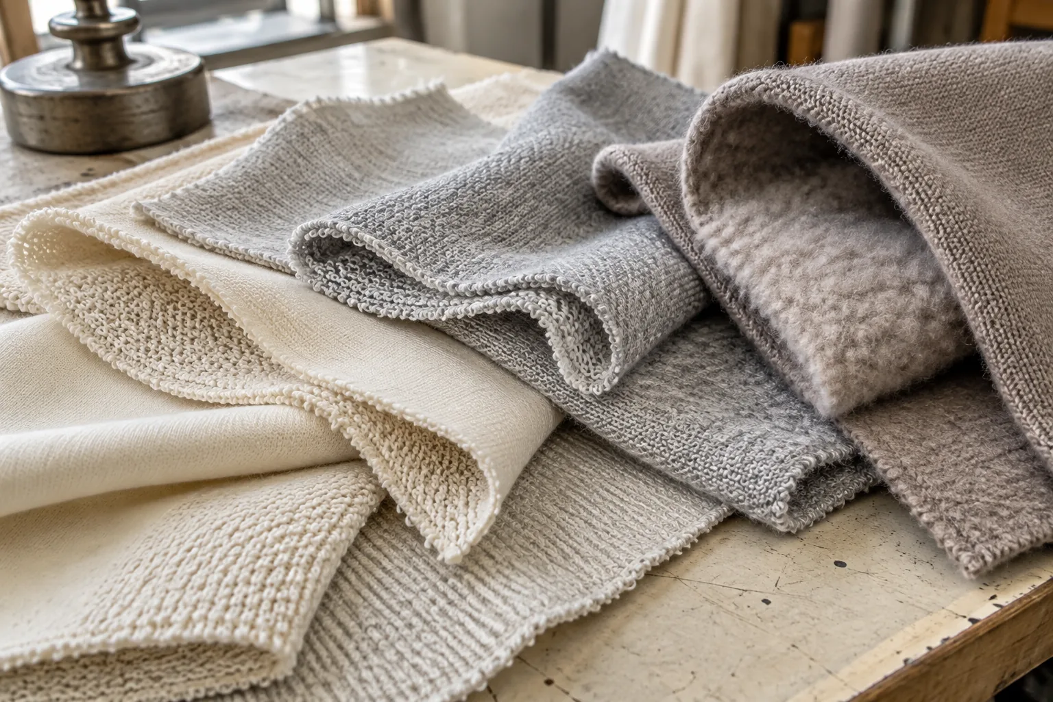 Cotton fleece and French terry fabric swatches fanned on a cutting table for GSM comparison