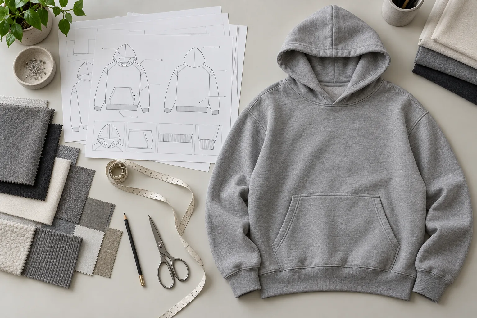 Hoodie sample with fabric swatches and measuring tape on a sampling desk