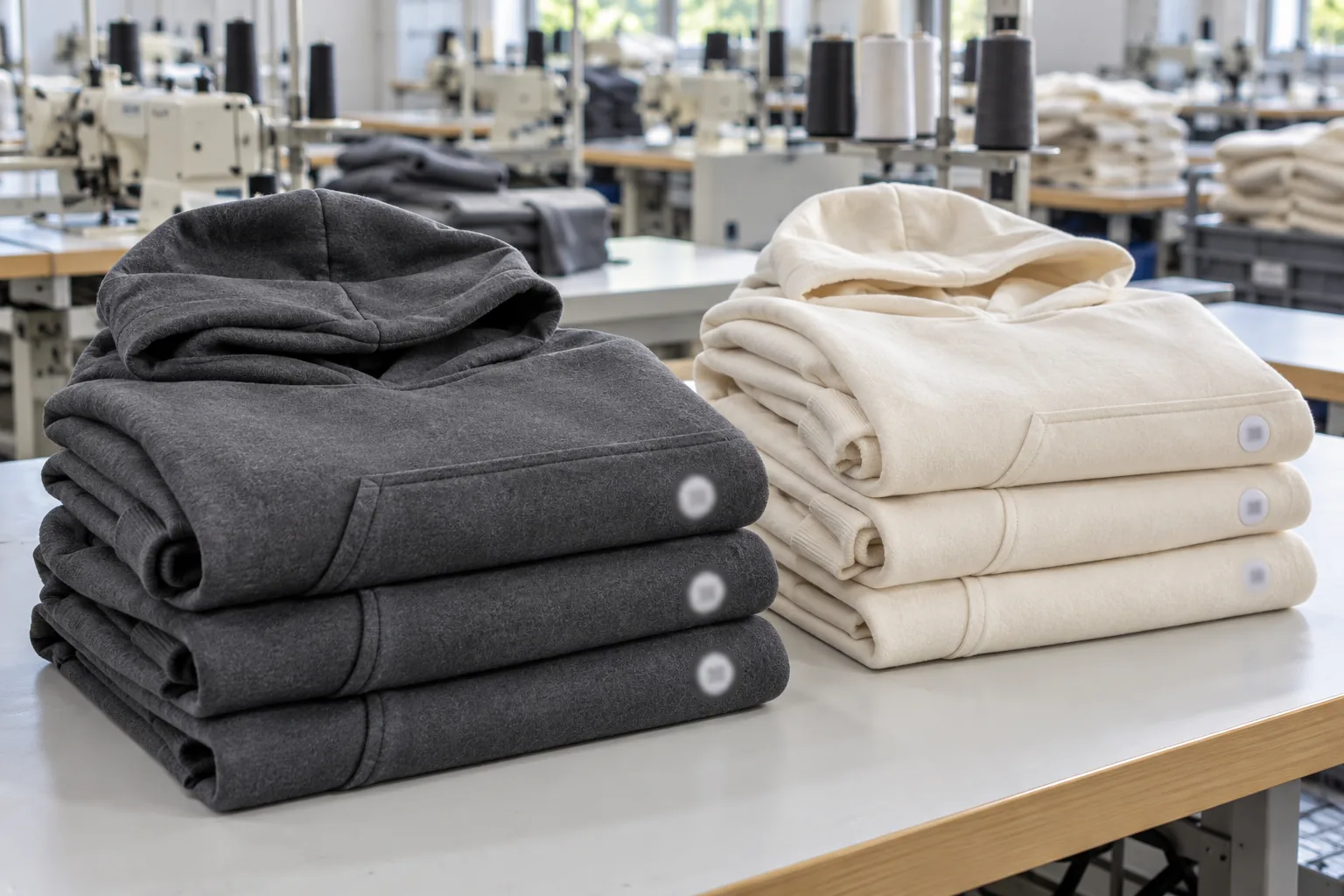 Folded blank hoodies in two colorways stacked on a production table after sewing