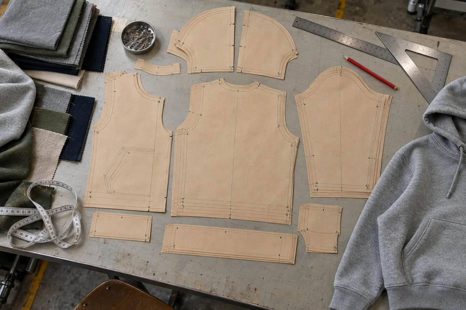 Illustrative documentary overhead of graded hoodie patterns, fabric swatches, and measuring tools on a QC approval table
