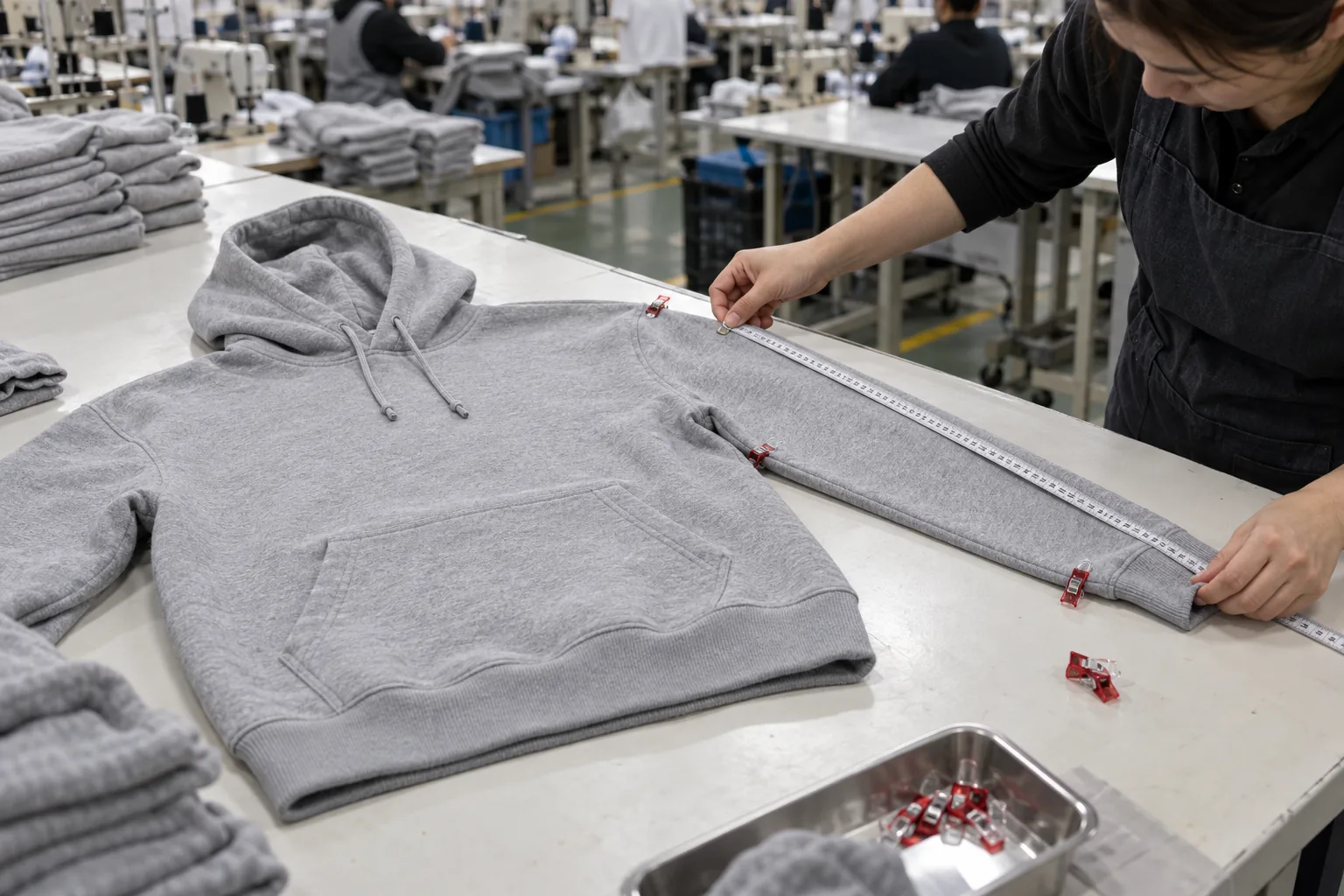 Quality inspection of a grey hoodie with measuring tape on a factory table