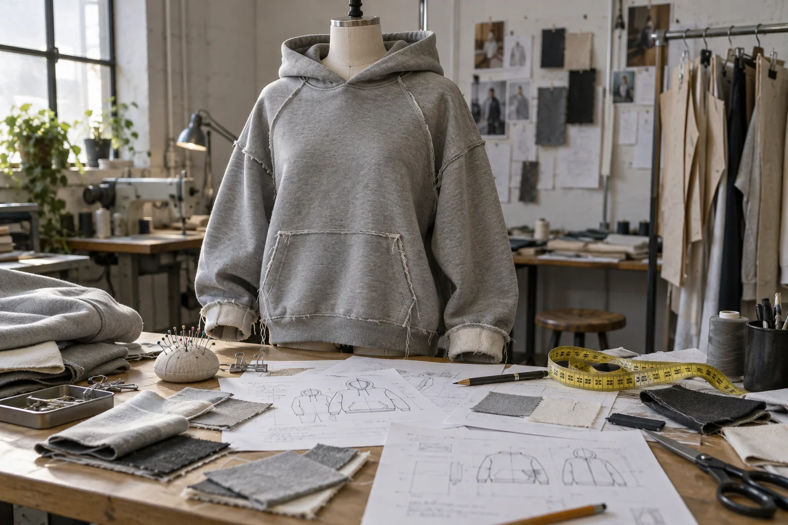 Illustrative documentary photo of a grey hoodie sample, fabric swatches, and tech-pack notes on a sampling desk