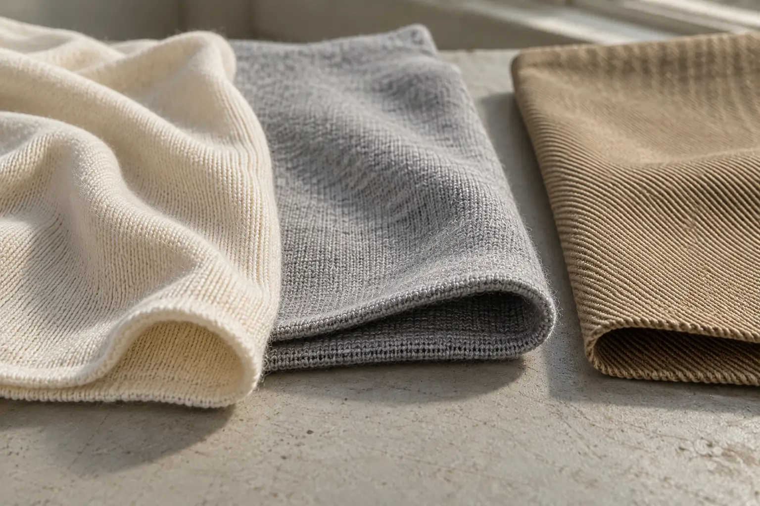 Cotton jersey, interlock and woven twill swatches on a fabric inspection table