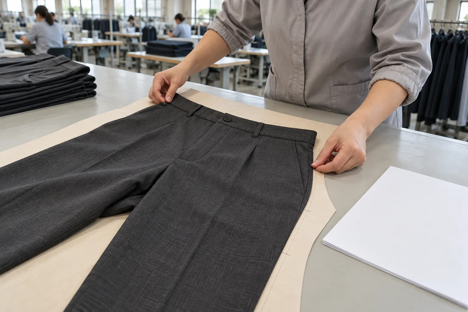 Sample maker comparing a trouser pattern with an unbranded sewn sample