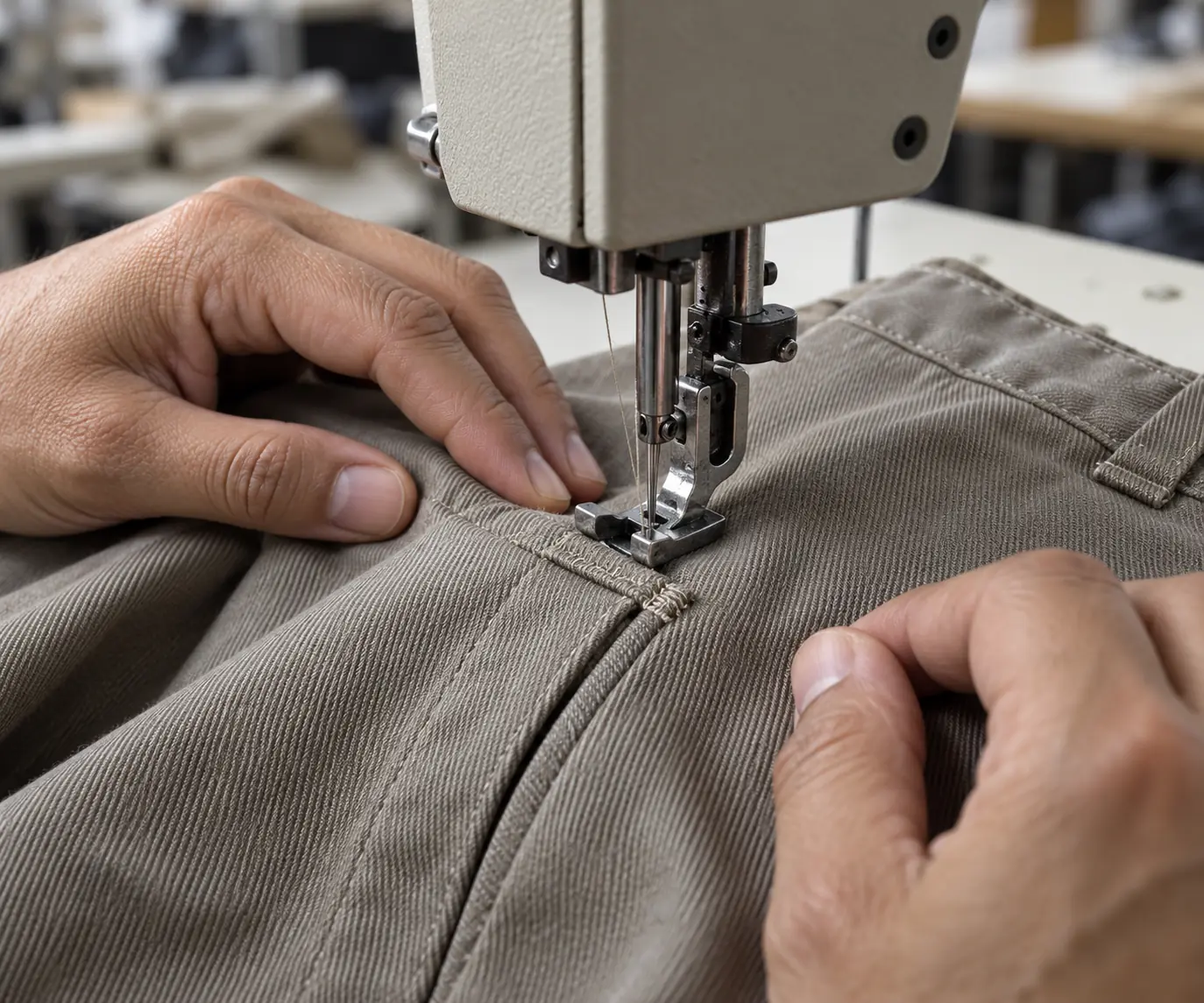 Sewing operator securing a pocket opening on a neutral twill trouser