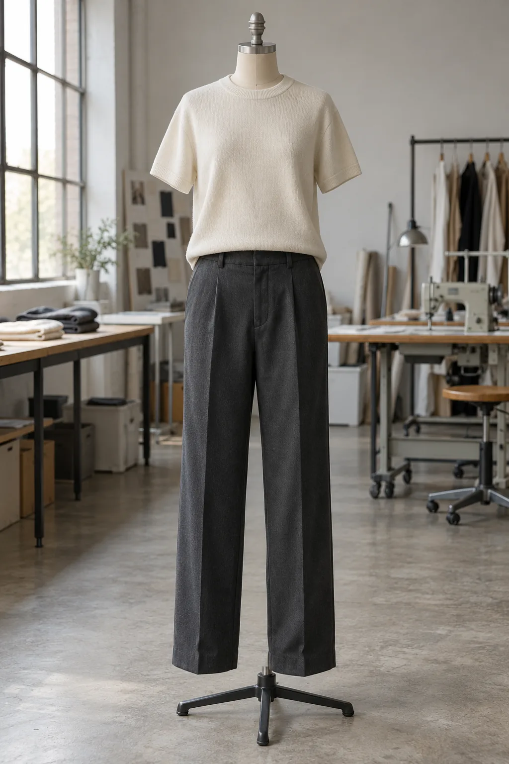 Photorealistic apparel documentary photograph of a finished unbranded casual outfit, cream structured knit top and charc