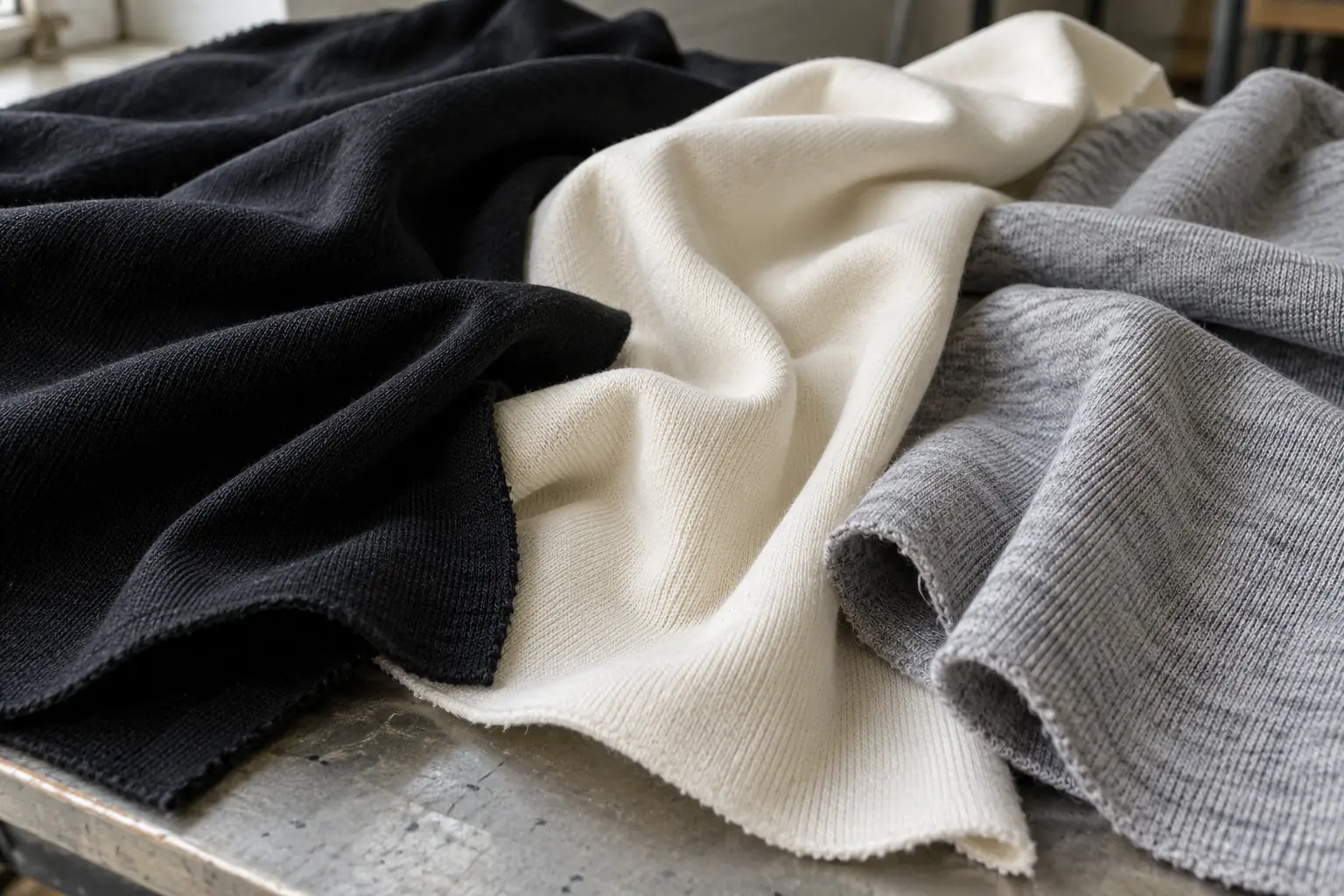Cotton jersey swatches showing different knit surfaces beside plain fabric samples