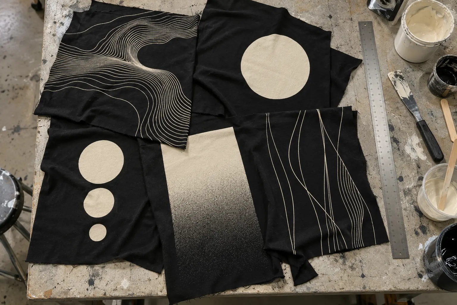 Sampling table with jersey print trials displaying abstract lines and solid shapes