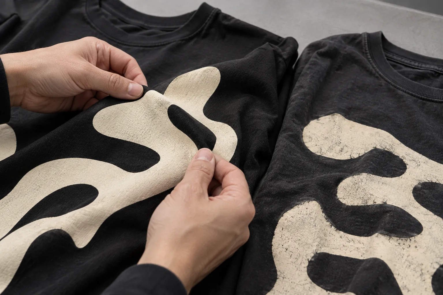 Inspector examining a printed jersey sample beside a washed comparison garment