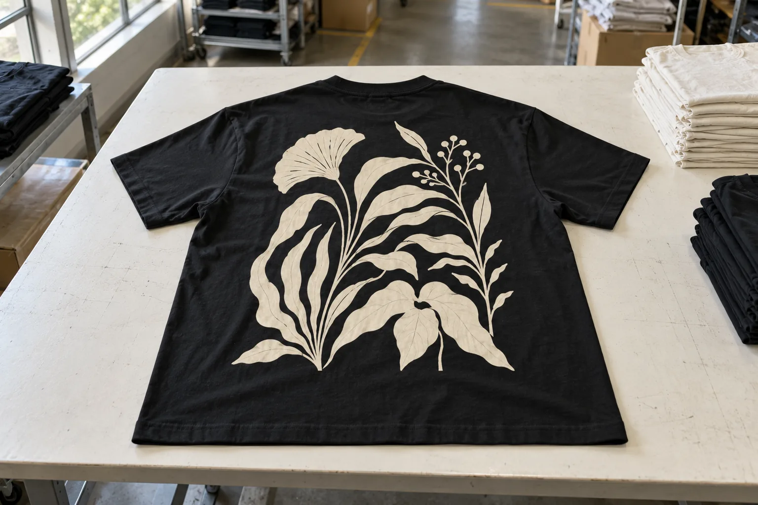 Photorealistic apparel factory documentary photograph of a finished black cotton jersey T-shirt laid flat on a clean pac