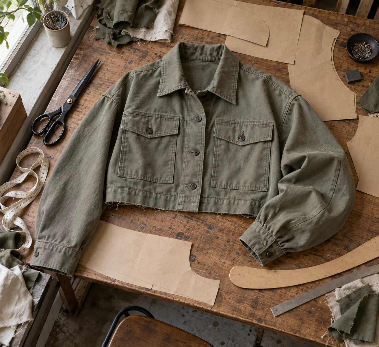 Overshirt sample and pattern pieces arranged on a development table