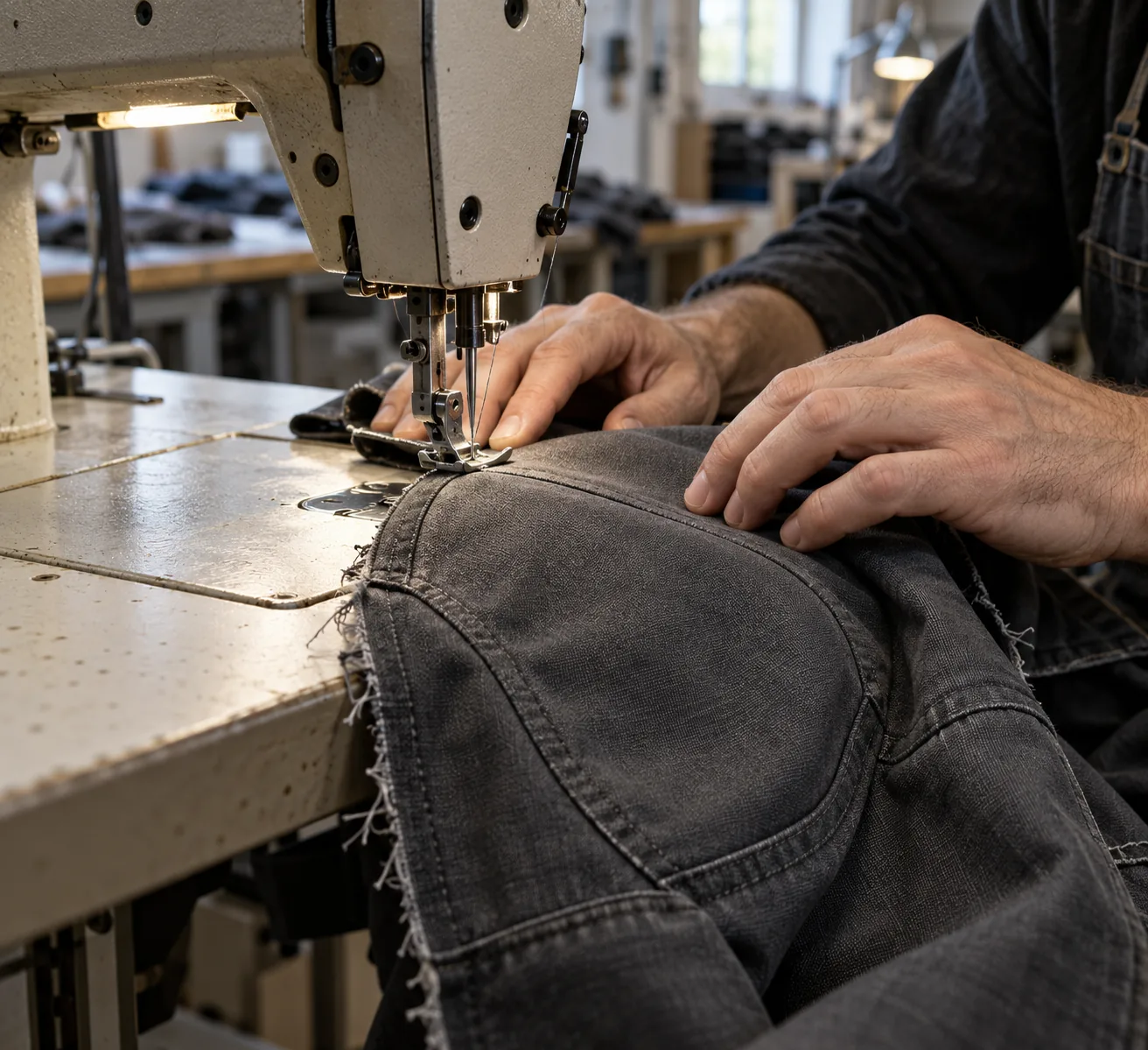 Technician sewing a curved panel into a trouser prototype