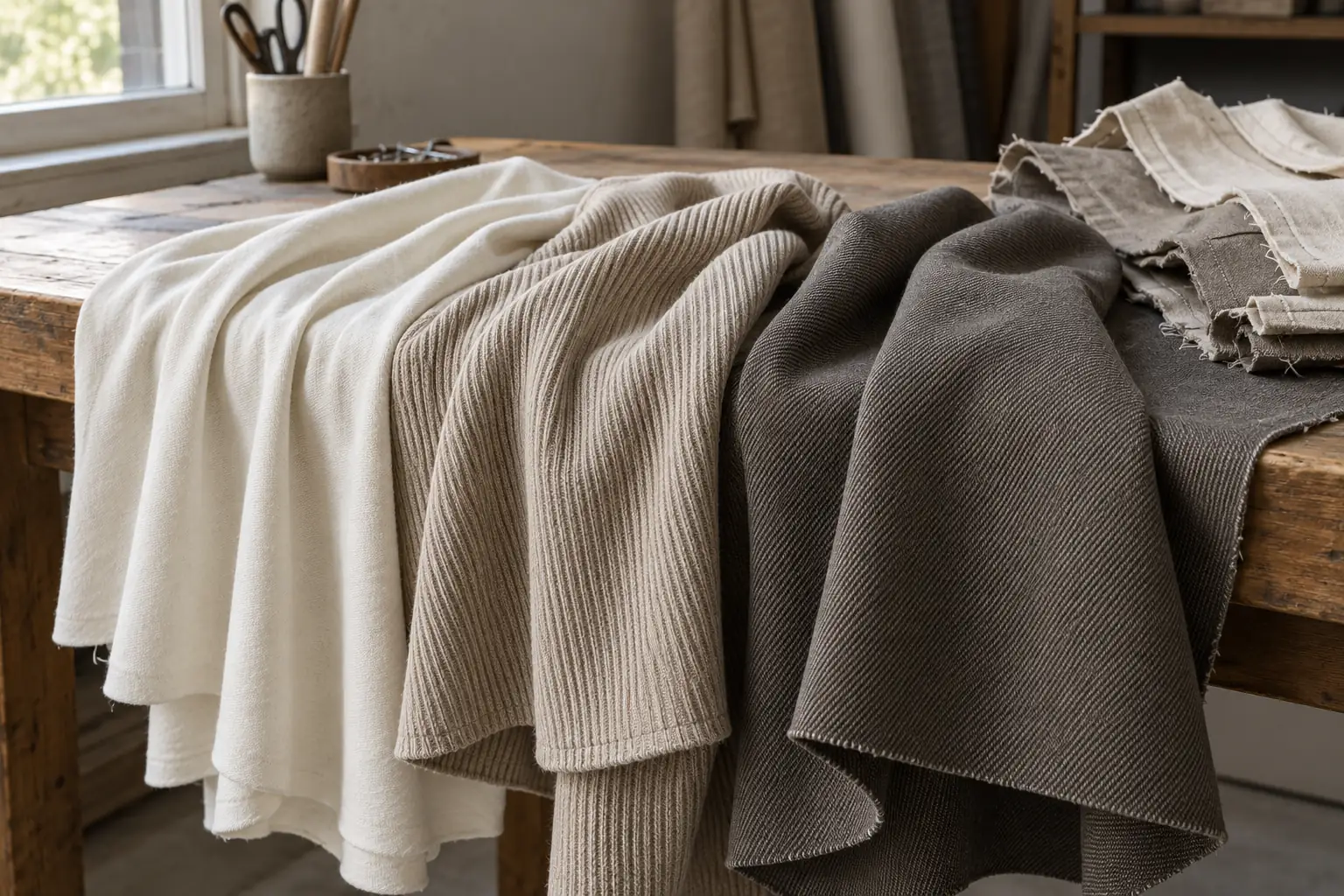 Cotton jersey and twill swatches draped beside sample garments