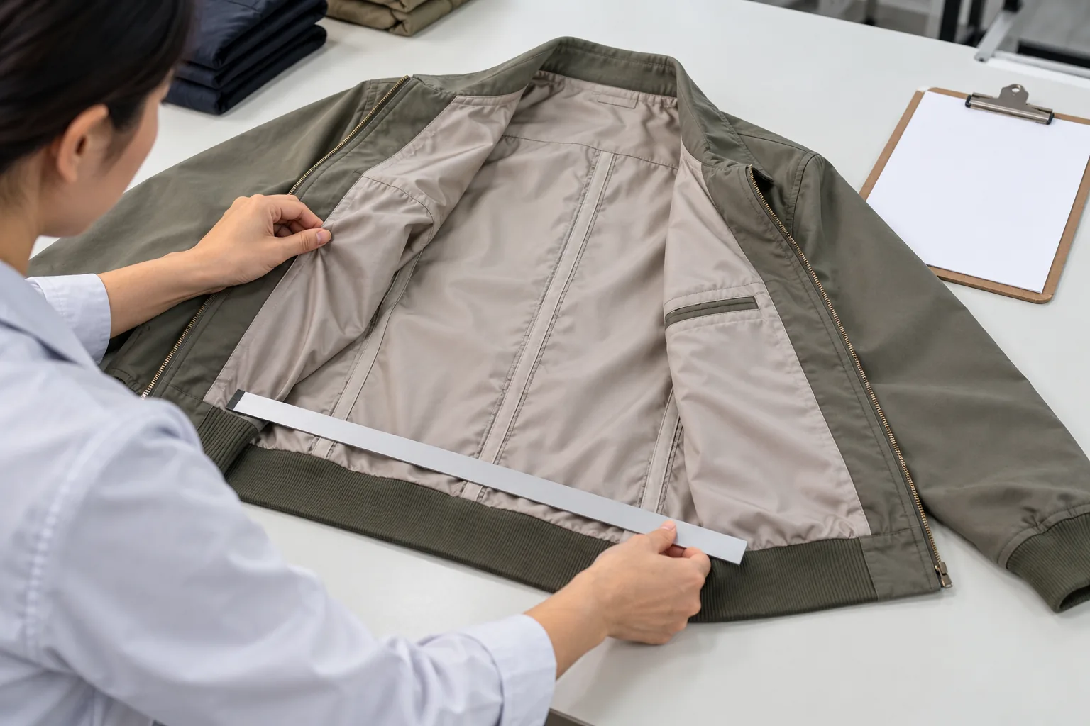 Inspector measuring a finished casual jacket beside a plain approval checklist