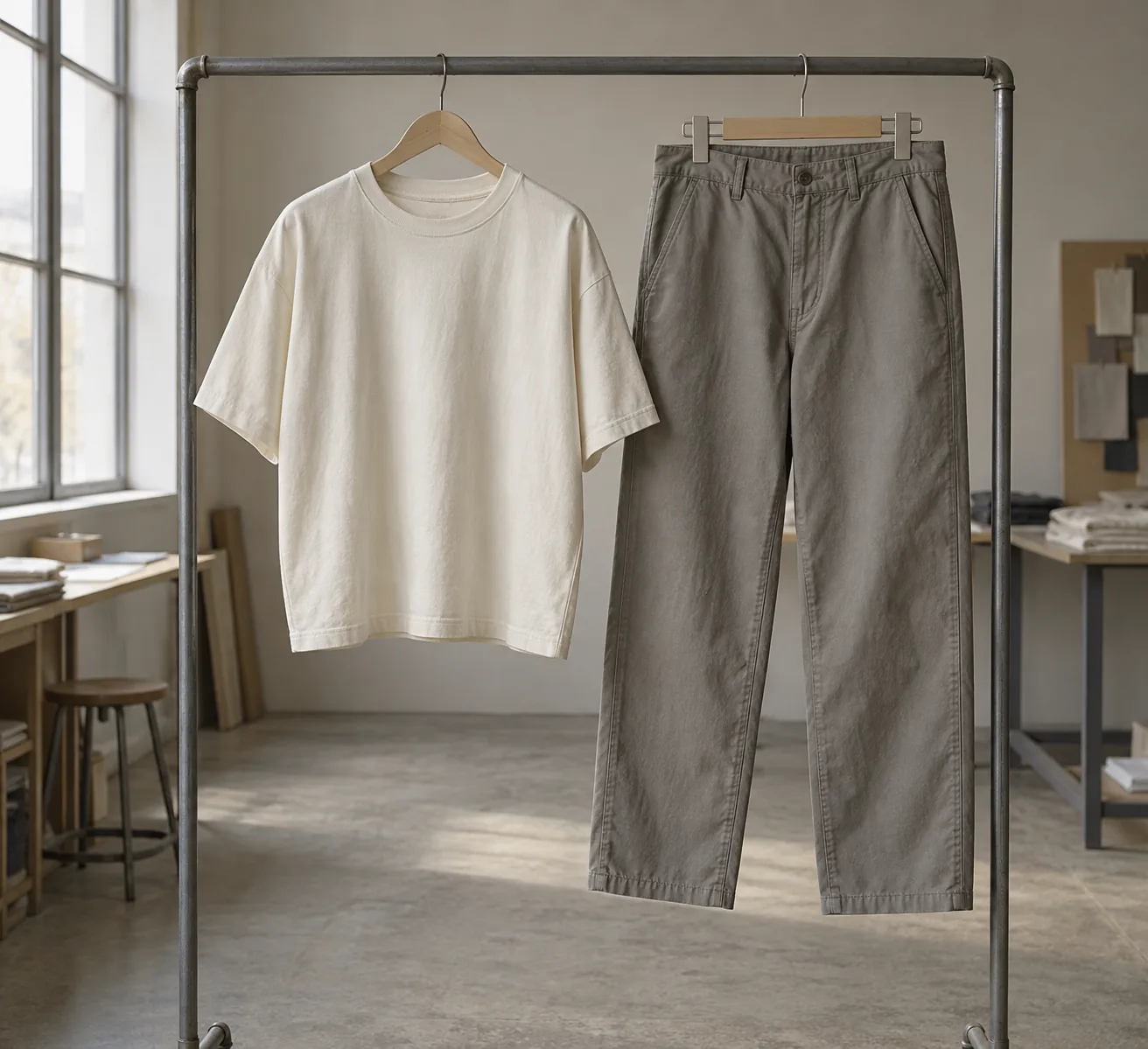 Photorealistic apparel documentary photograph of a completed unbranded boxy cotton tee and casual trousers hanging on a
