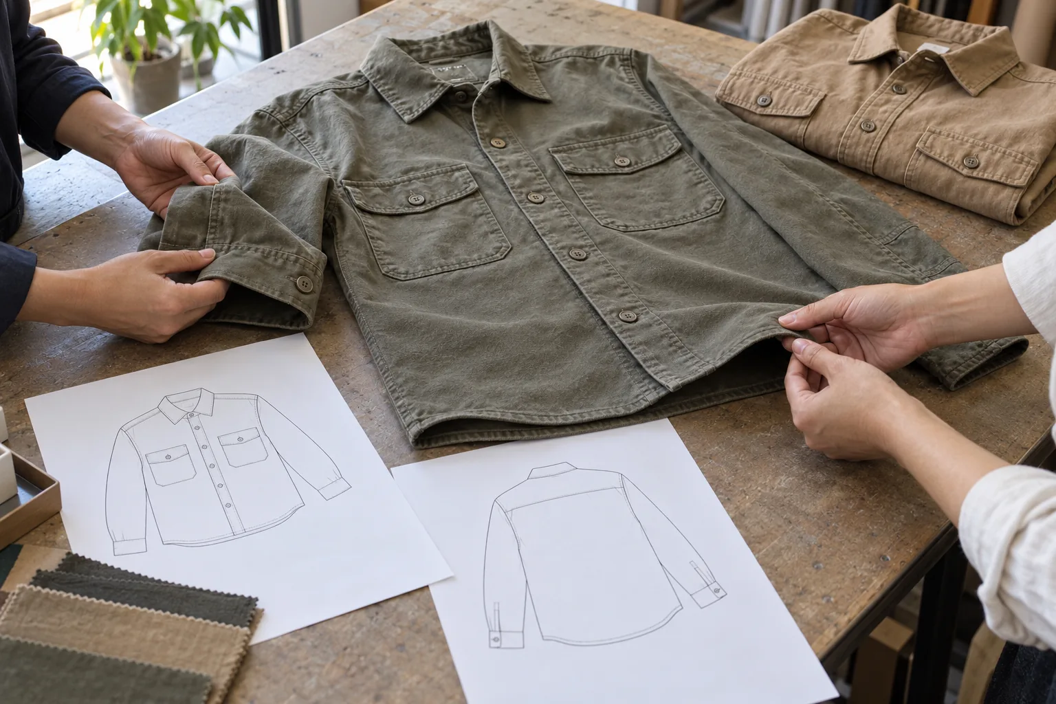 Buyer reviewing garment samples and specification sheets at a sampling table