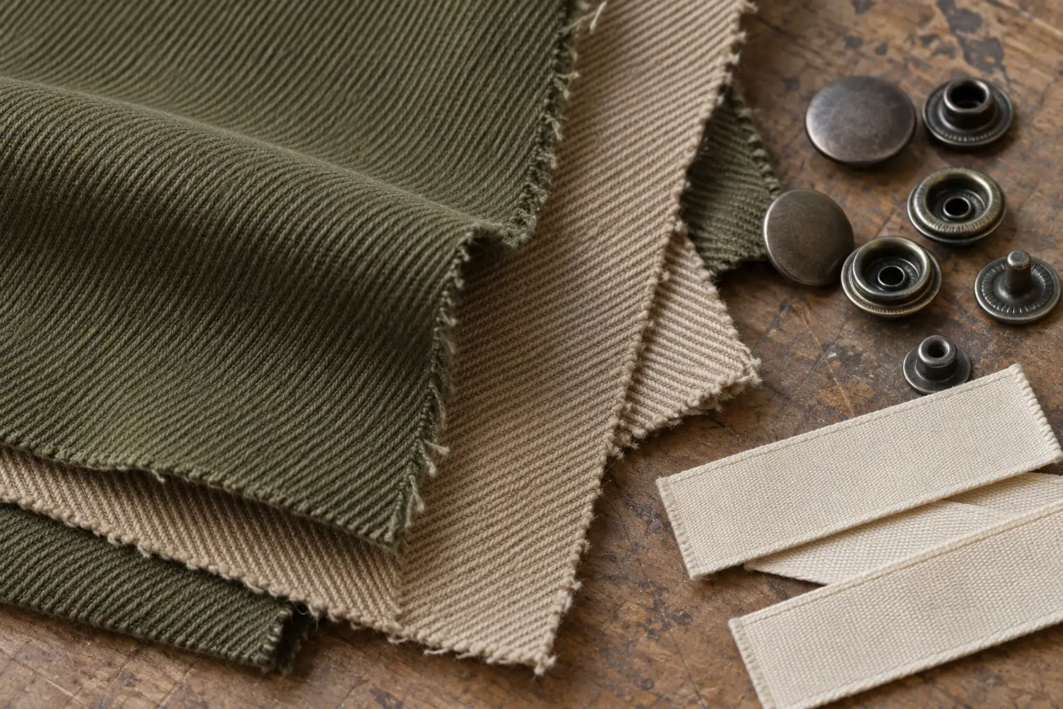 Different twill fabric swatches and garment trims arranged for comparison