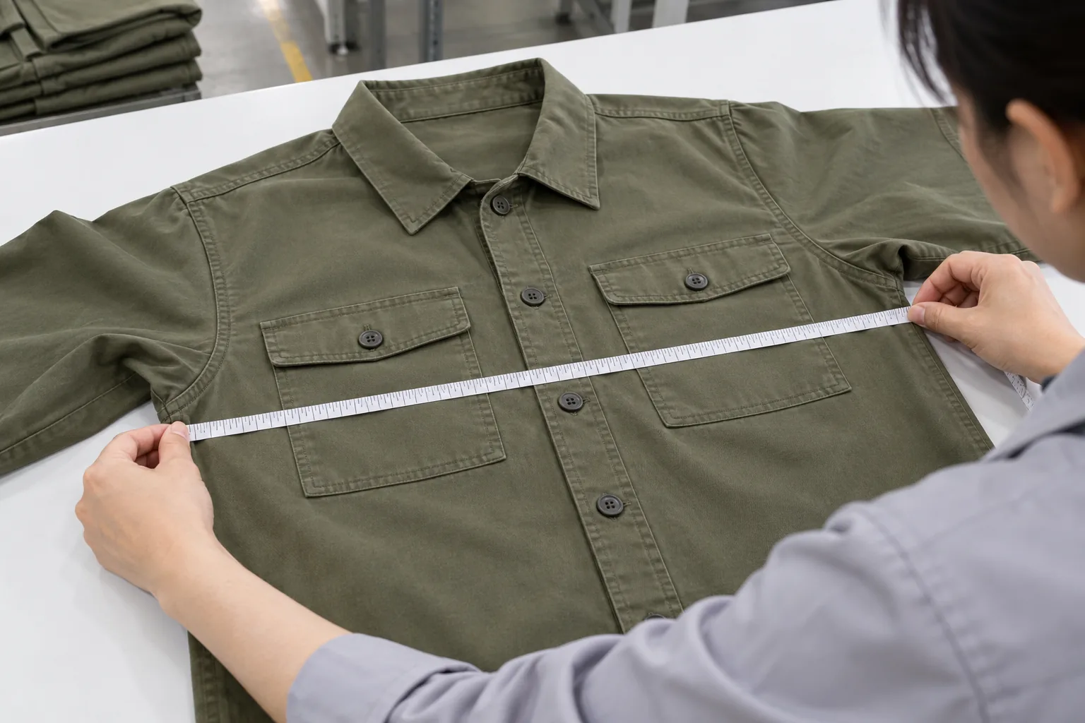 Quality inspector measuring a laid-flat overshirt with a tape measure