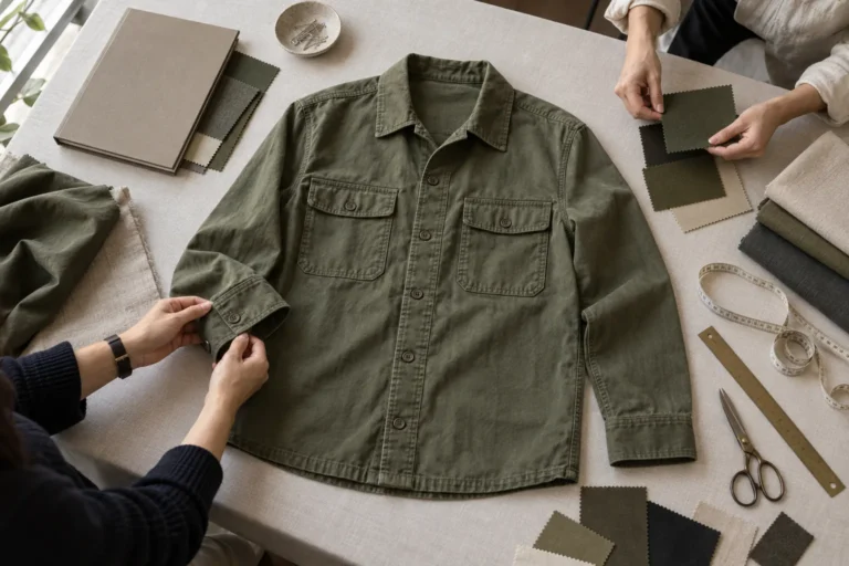 Photorealistic apparel workshop documentary photograph, overhead view of a buyer handoff review with a plain olive utili