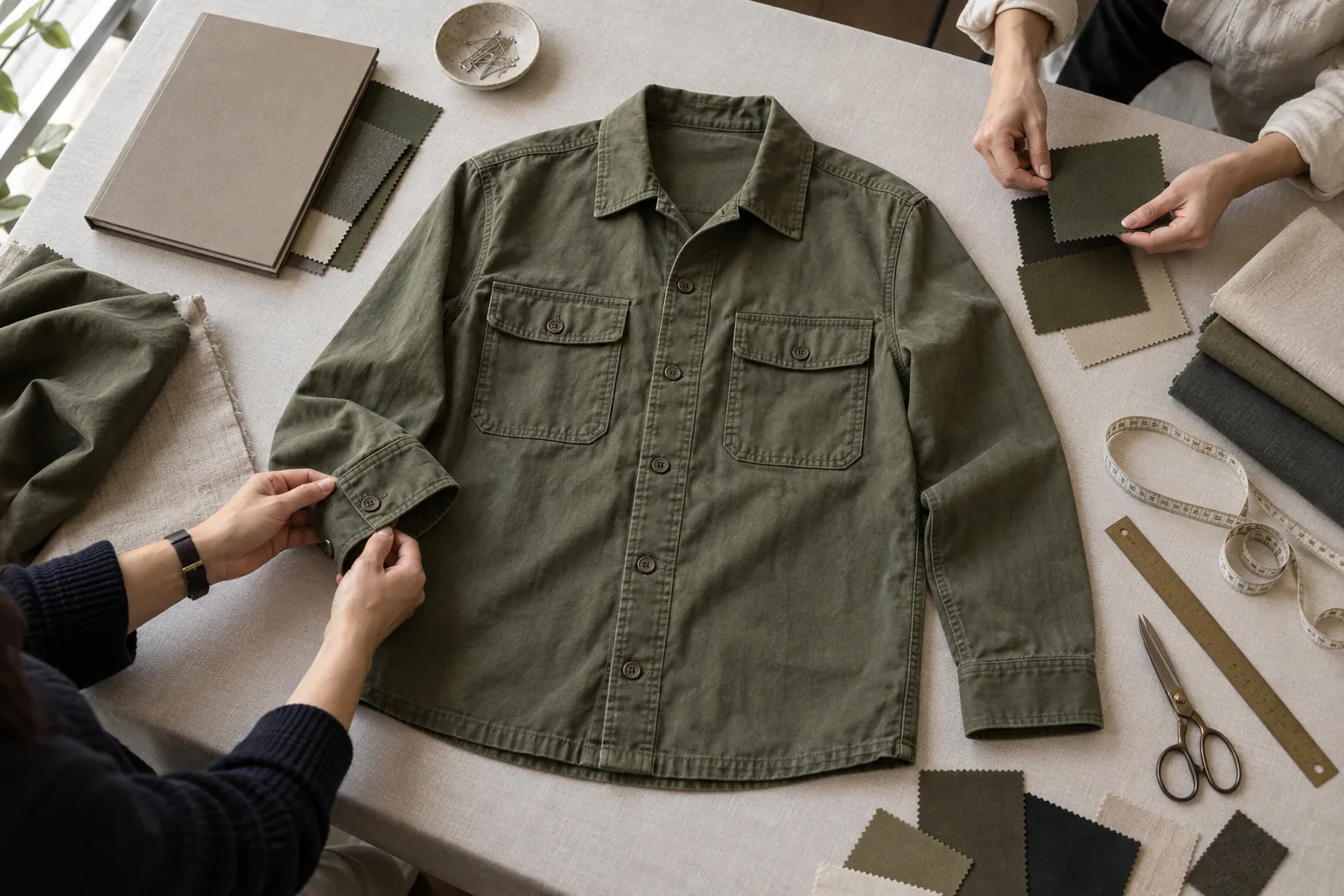 Photorealistic apparel workshop documentary photograph, overhead view of a buyer handoff review with a plain olive utili