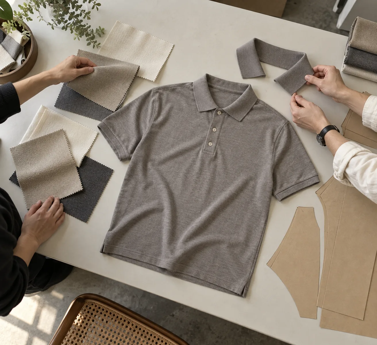 Unbranded garment references and fabric swatches arranged for an initial supplier screen