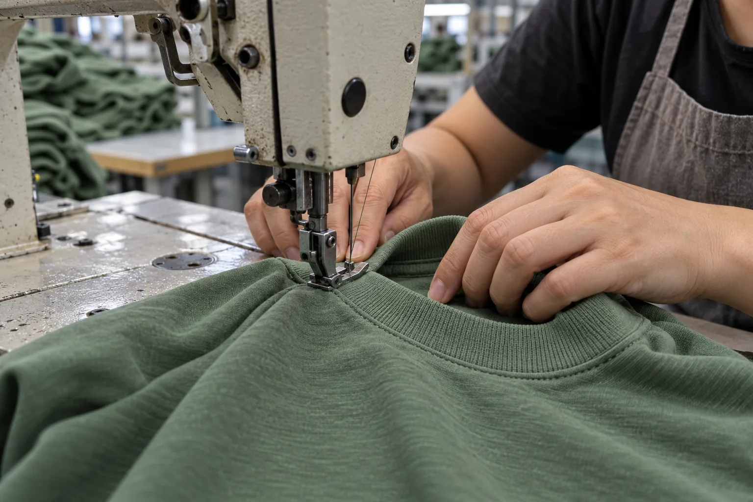 Operator sewing a collar attachment on an unbranded jersey garment