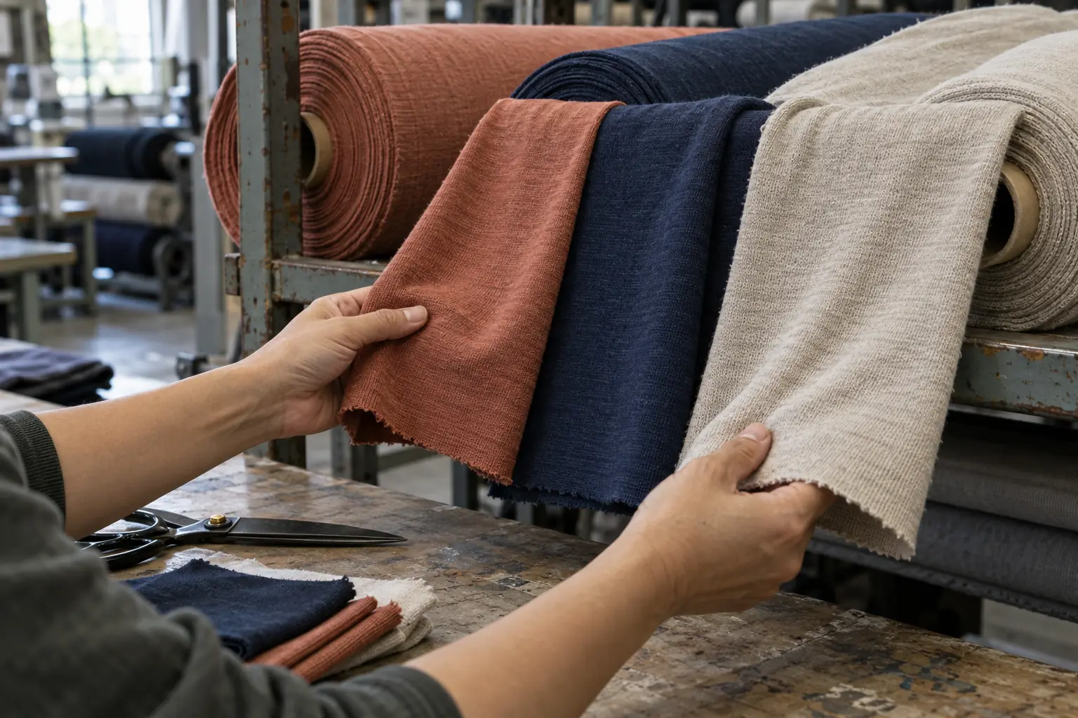 Fabric rolls and coordinated swatches being checked at a sourcing table