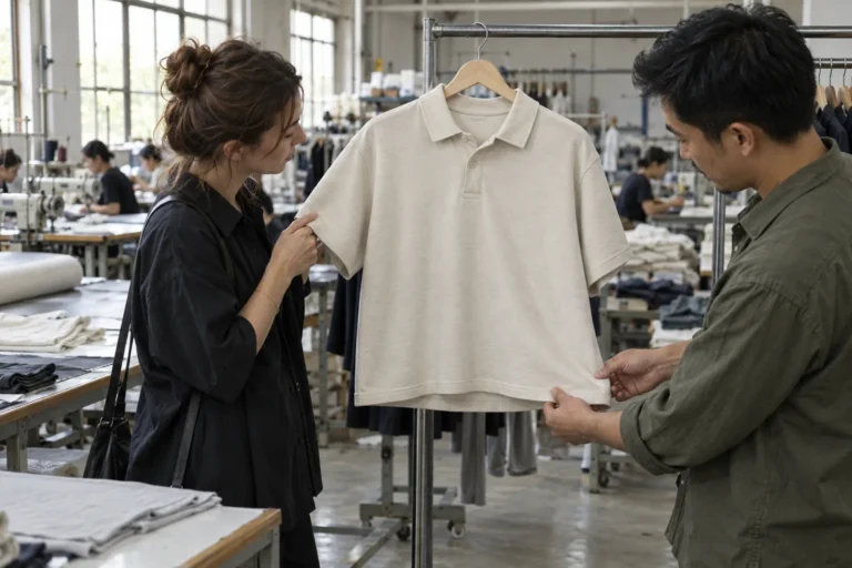 Photorealistic documentary photograph of a small apparel development meeting in a working garment factory, buyer and tec