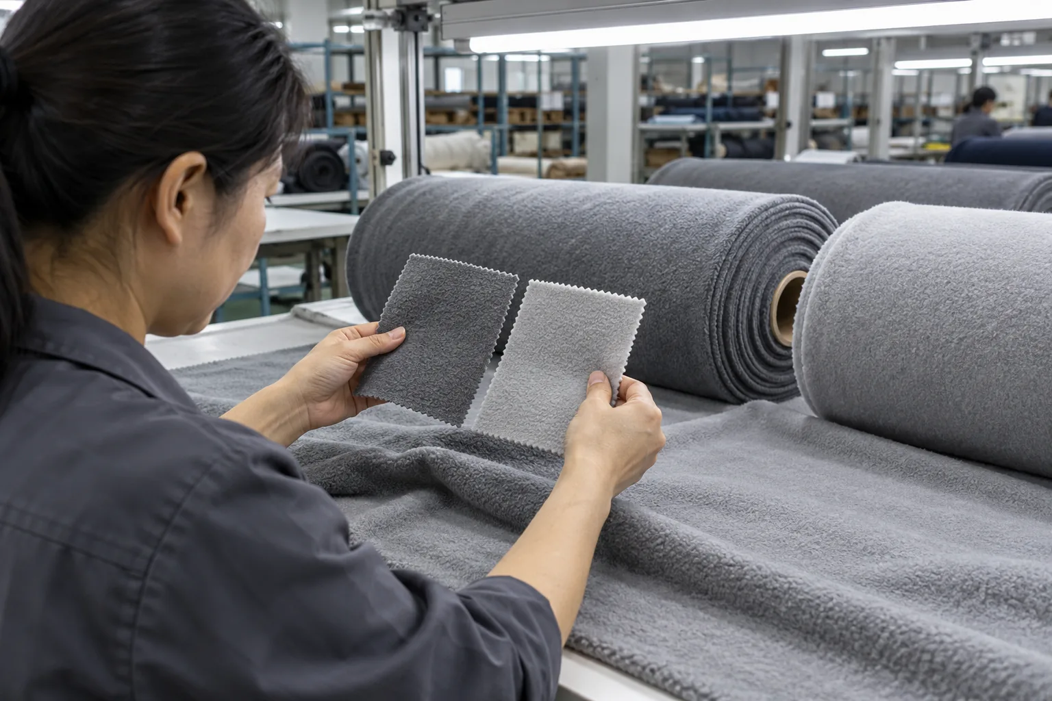 Incoming fabric rolls being compared for shade and surface quality on an inspection table