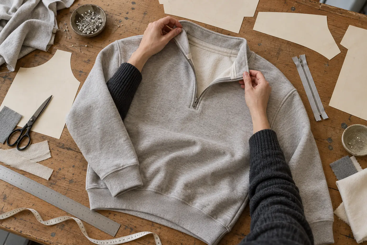 Garment sample and pattern pieces arranged on a development table for fit review