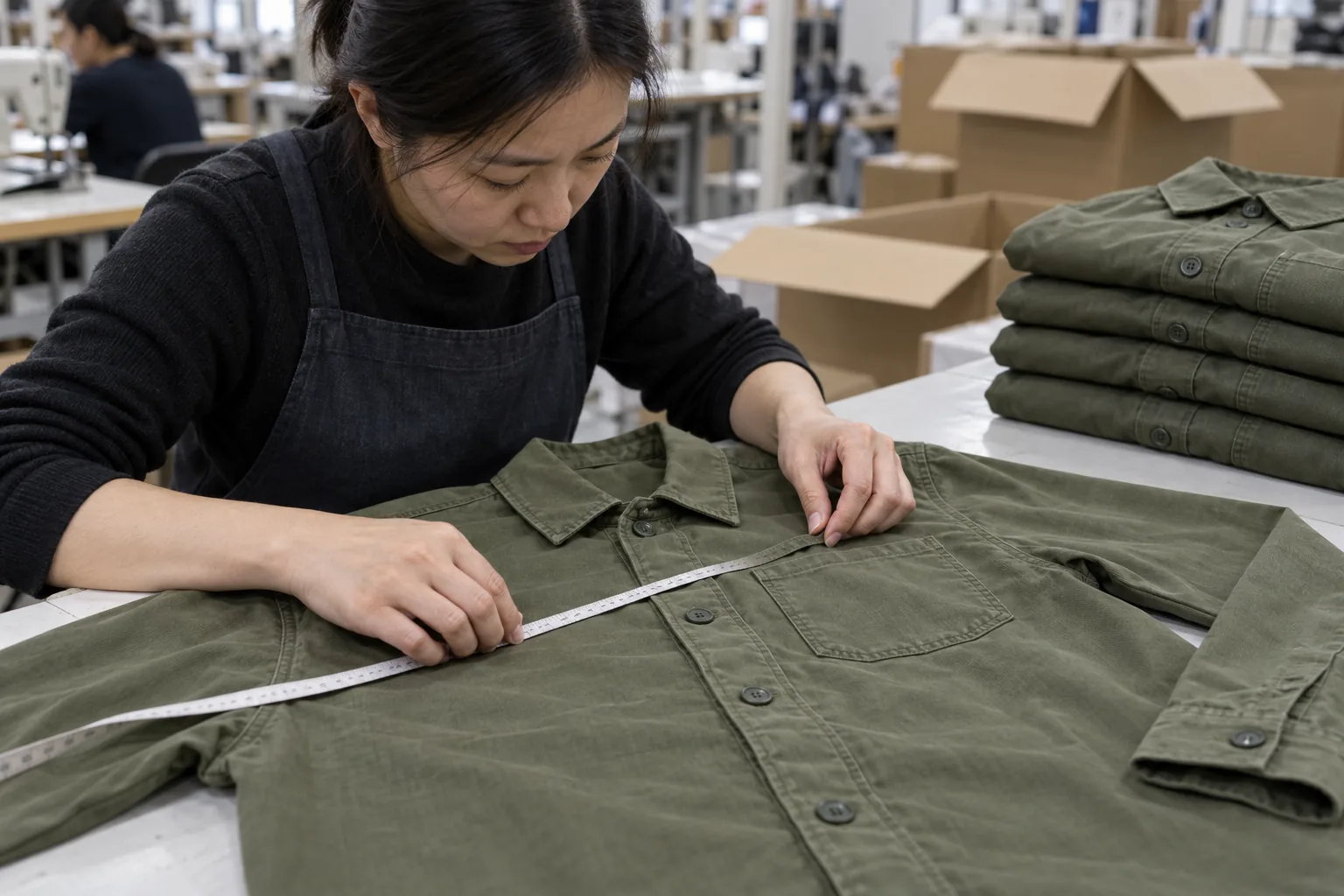 Inspector measuring a finished overshirt and examining its pocket stitching before packing