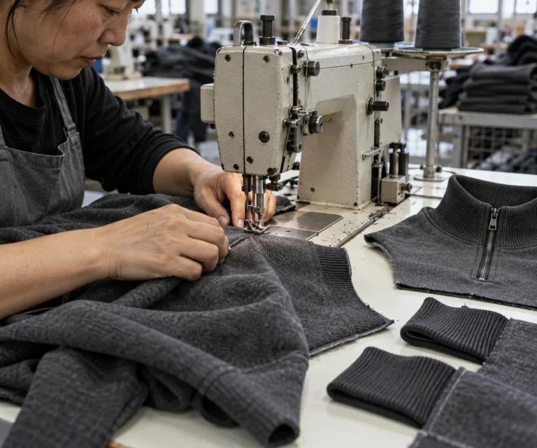 Photorealistic apparel factory documentary photograph of an industrial sewing station assembling a plain charcoal zip-ne