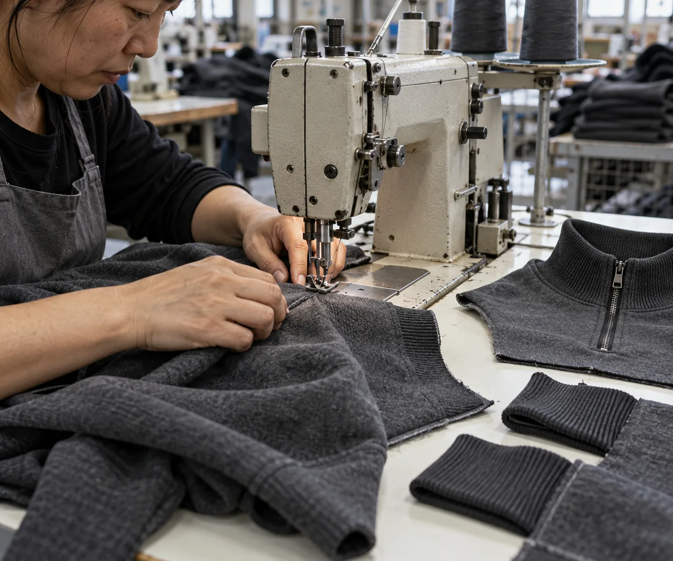 Photorealistic apparel factory documentary photograph of an industrial sewing station assembling a plain charcoal zip-ne