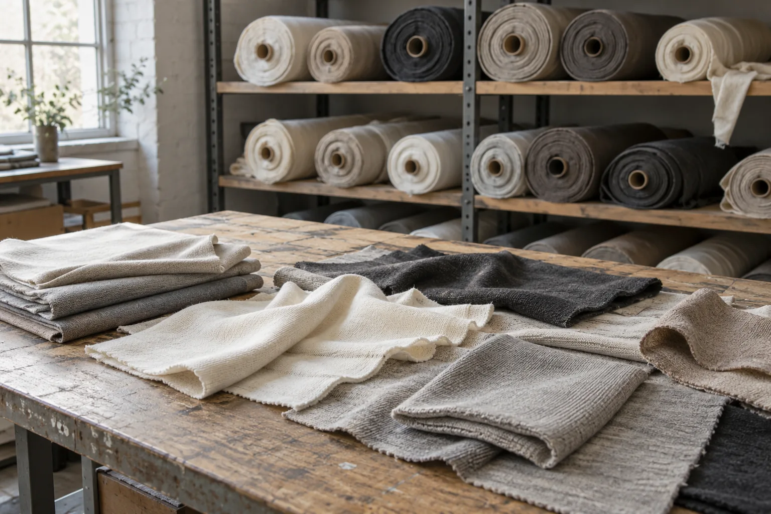 Stock fabric rolls and fabric swatches arranged for material selection