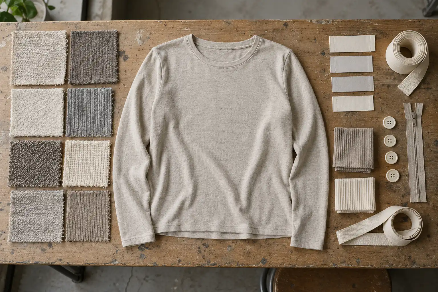 Sample top, fabric options, and trim components on a development table