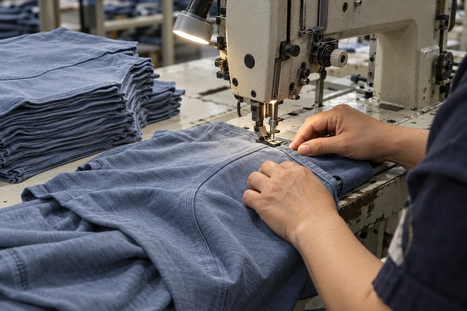 Sewing operator assembling a small batch of matching casualwear panels
